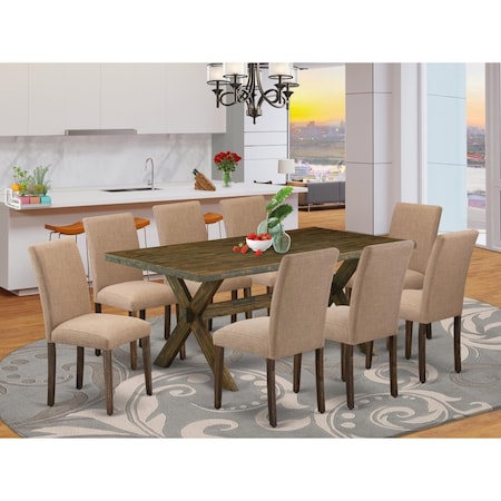 East West Furniture 9 Piece X-Style Dining Set - Distressed Jacobean X777AB747-9